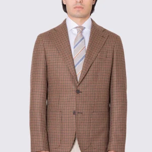 Giacca da uomo beige Monopetto fantasia Quadri verde e bordeaux in lana flanella Bristol tessuti napoli sfoderata Rever a lancia tasche a filo