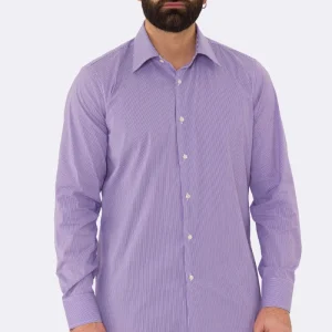 Camicia Uomo viola millerighe in cotone elastico collo italiano con cucitura all’inglese Regular Fit Tinta unita