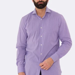 Camicia Uomo viola millerighe in cotone elastico collo Francese con cucitura all’inglese regular Fit Tinta unita