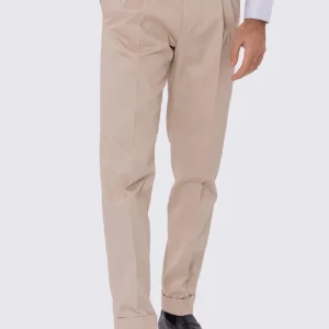 Pantalone uomo beige vita alta con fibbie laterali e doppia pinces tasca america in cotone 290gr invernale risvolto 5cm made in italy