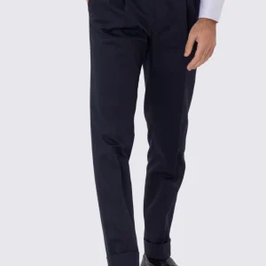 Pantalone uomo blu notte vita alta con fibbie laterali e doppia pinces tasca america in cotone 290gr invernale risvolto 5cm made in italy