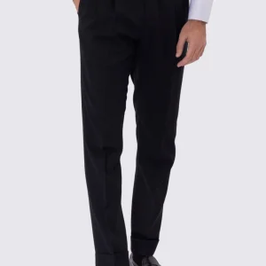 Pantalone uomo nero vita alta con fibbie laterali e doppia pinces tasca america in cotone 290gr invernale risvolto 5cm made in italy