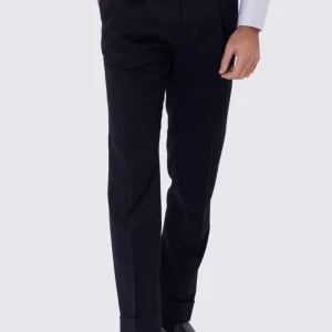 Pantalone uomo blu vita alta con fibbie laterali e doppia pinces tasca america in lana flanella mista 290gr invernale risvolto 5cm made in italy