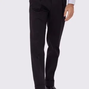 Pantalone uomo Nero vita alta con fibbie laterali e doppia pinces tasca america in lana flanella mista 290gr invernale risvolto 5cm made in italy