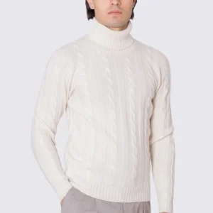 Dolcevita Panna in lana grossa e cashmere con treccia costruzione tubolare senza cuciture rifinito a mano Finezza 7