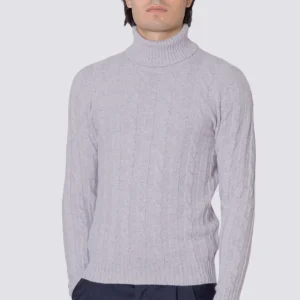 Dolcevita grigio in lana grossa e cashmere con treccia costruzione tubolare senza cuciture rifinito a mano Finezza 7