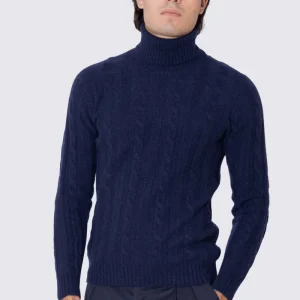 Dolcevita Blu in lana grossa e cashmere con treccia costruzione tubolare senza cuciture rifinito a mano Finezza 7