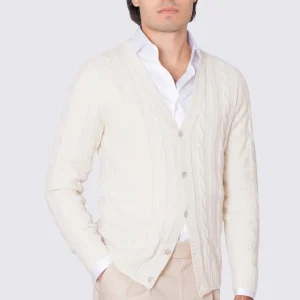 Cardigan panna in lana grossa e cashmere 5 bottoni con treccia costruzione tubolare senza cuciture rifinito a mano Finezza 7