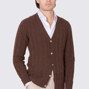 Cardigan Marrone in lana grossa e cashmere 5 bottoni con treccia costruzione tubolare senza cuciture rifinito a mano Finezza 7