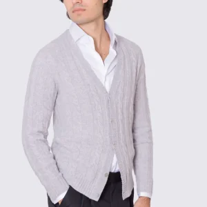 Cardigan grigio in lana grossa e cashmere 5 bottoni con treccia costruzione tubolare senza cuciture rifinito a mano Finezza 7