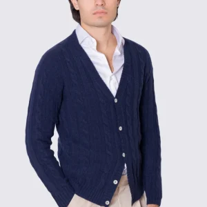 Cardigan Blu in lana grossa e cashmere 5 bottoni con treccia costruzione tubolare senza cuciture rifinito a mano Finezza 7
