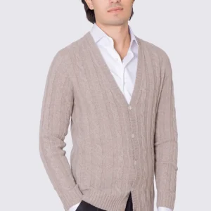 Cardigan Beige in lana grossa e cashmere 5 bottoni con treccia costruzione tubolare senza cuciture rifinito a mano Finezza 7