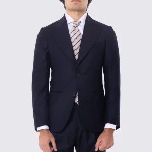 Abito blu notte con giacca monopetto rever a lancia tasche a filo e pantalone vita alta doppia pinces e risvolto 5cm 100% lana Flanella Carillo Drapers