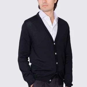 Cardigan Blu scollo a v in lana merinos 100% costruzione tubolare senza cuciture rifinito a mano tinta unita con elastici sulle maniche e sul fondo Finezza 12 .