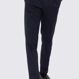 Pantalone uomo Blu vita alta con doppia pinces tasca america in cotone 290gr invernale risvolto 5cm made in italy