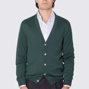 Cardigan Verde scollo a v in lana merinos 100% costruzione tubolare senza cuciture rifinito a mano tinta unita con elastici sulle maniche e sul fondo Finezza 12