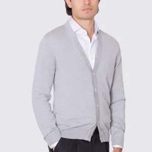 Cardigan Grigio scollo a v in lana merinos 100% costruzione tubolare senza cuciture rifinito a mano tinta unita con elastici sulle maniche e sul fondo Finezza 12