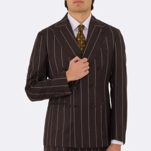 Abito uomo Doppiopetto marrone gessato bianco fresco lana super 150’s Tessuti bristol napoli completamente sfoderato con Rever a lancia e tasche a filetto