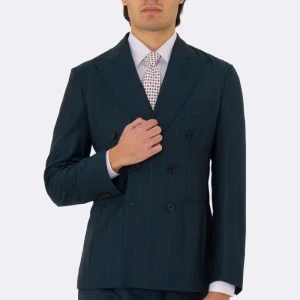 Abito uomo Doppiopetto ottanio gessato verde fresco lana super 150’s Tessuti bristol napoli completamente sfoderato con Rever a lancia e tasche a filetto