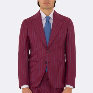 Abito uomo monopetto bordeaux gessato azzurro fresco lana super 150’s Tessuti bristol napoli completamente sfoderato con Rever a lancia e tasche a filetto