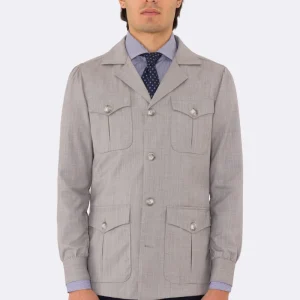 Sahariana grigio chiaro fresco lana Sartoria Carillo tessuti super 110’s con tasche a toppa con pattina e soffietto e polso camicia