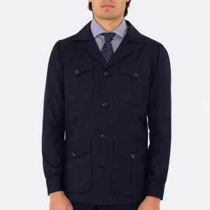 Sahariana blu navy fresco lana Sartoria Carillo tessuti super 110’s con tasche a toppa con pattina e soffietto e polso camicia