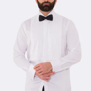 Camicia Bianca regular fit collo diplomatico con plissè  bottoni a scomparsa 100% Cotone Da uomo polso gemelli fintone a scomparsa dietro al collo per papillon slim fit