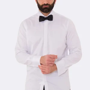 Camicia Bianca regular fit collo diplomatico bottoni a scomparsa 100% Cotone Da uomo polso gemelli fintone a scomparsa dietro al collo per papillon slim fit