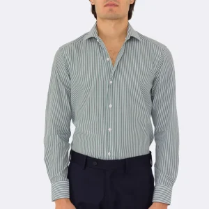 Camicia Uomo verde a mille righe slim Fit 100% cotone popeline collo semi francese Tessuti Twill