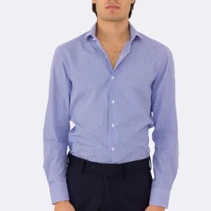 Camicia Uomo Royal blu a mille righe slim Fit 100% cotone popeline collo semi francese Tessuti Twill