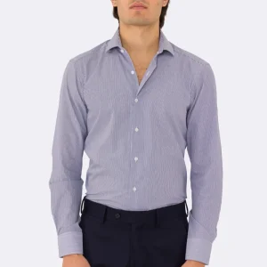 Camicia blu navy mille righe slim Fit uomo 100% cotone popeline collo semi francese Tessuti Twill