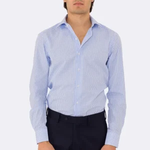 Camicia Uomo celeste a righe medie slim Fit 100% cotone popeline collo semi francese Tessuti Twill