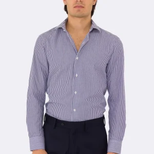 Camicia blu navy righe Medie slim Fit uomo 100% cotone popeline collo semi francese Tessuti Twill