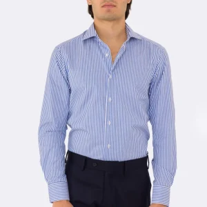 Camicia Uomo Royal blu a righe medie slim Fit 100% cotone popeline collo semi francese Tessuti Twill