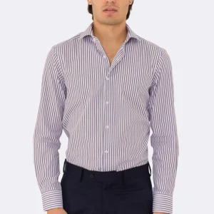 Camicia marrone a righe con righino royal slim Fit uomo 100% cotone popeline collo semi francese