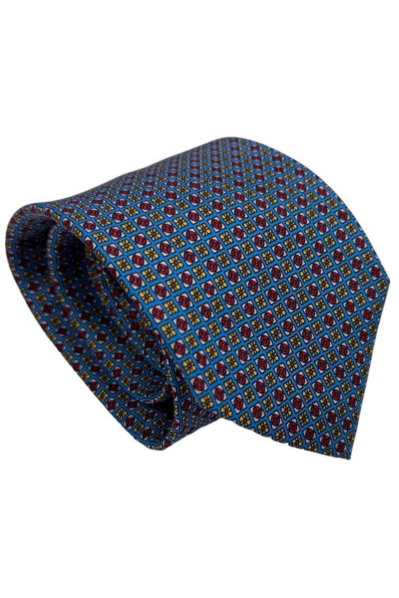 Cravatta uomo celeste fantasia in pura seta cucita a mano costruzione 3 piege larghezza 9cm - immagine 3