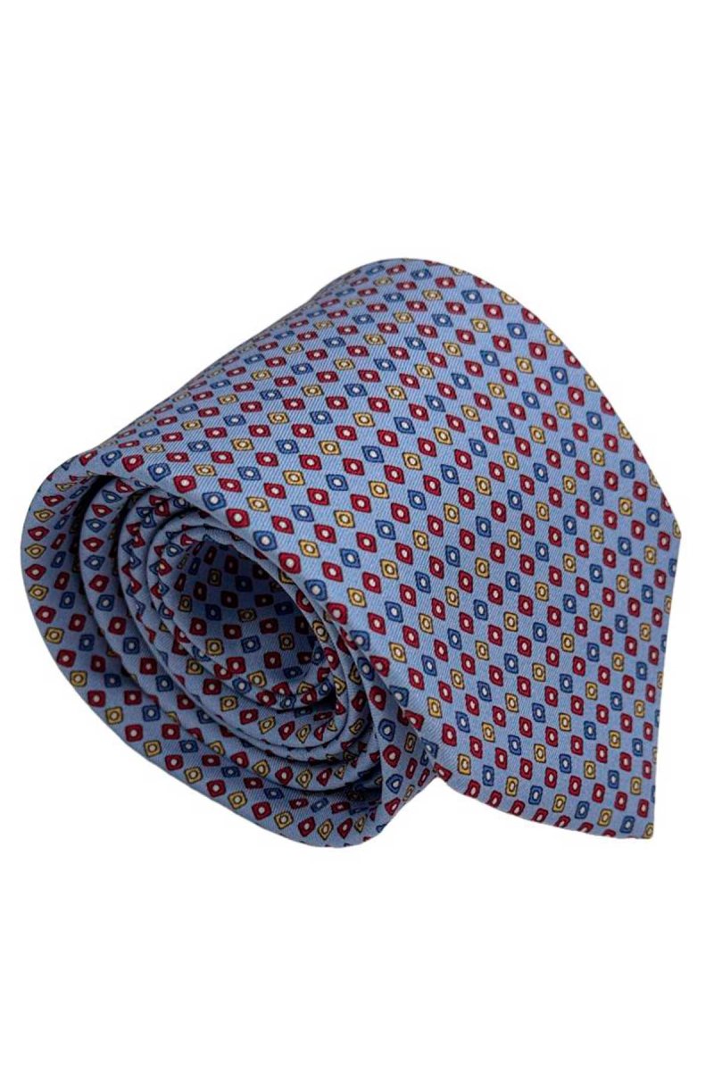 Cravatta uomo celeste fantasia in pura seta cucita a mano costruzione 3 piege larghezza 9cm - immagine 3