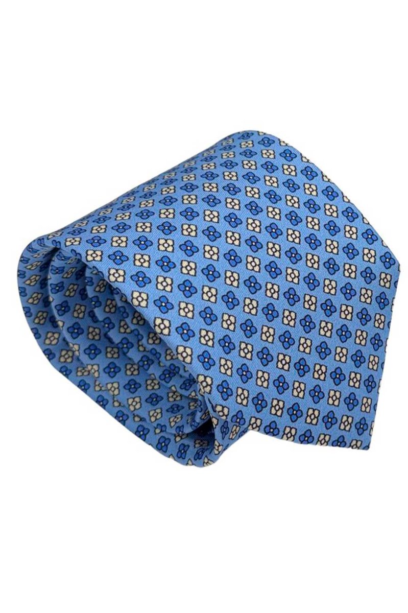 Cravatta uomo celeste fantasia in pura seta cucita a mano costruzione 3 piege larghezza 9cm - immagine 3
