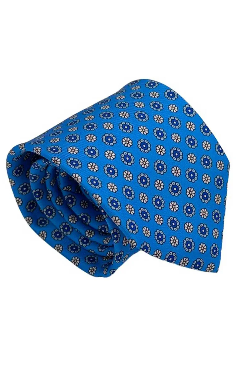Cravatta uomo celeste fantasia in pura seta cucita a mano costruzione 3 piege larghezza 9cm - immagine 3
