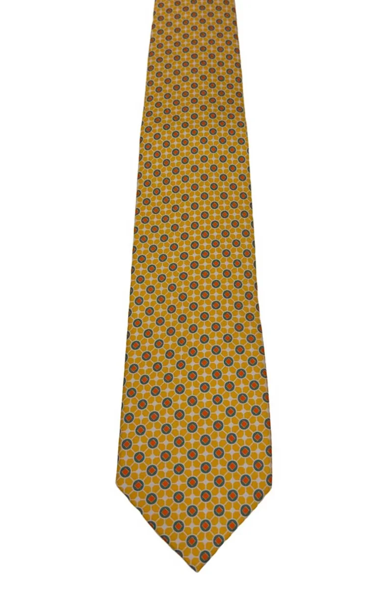 Cravatta uomo gialla fantasia in pura seta cucita a mano costruzione 3 piege larghezza 9cm