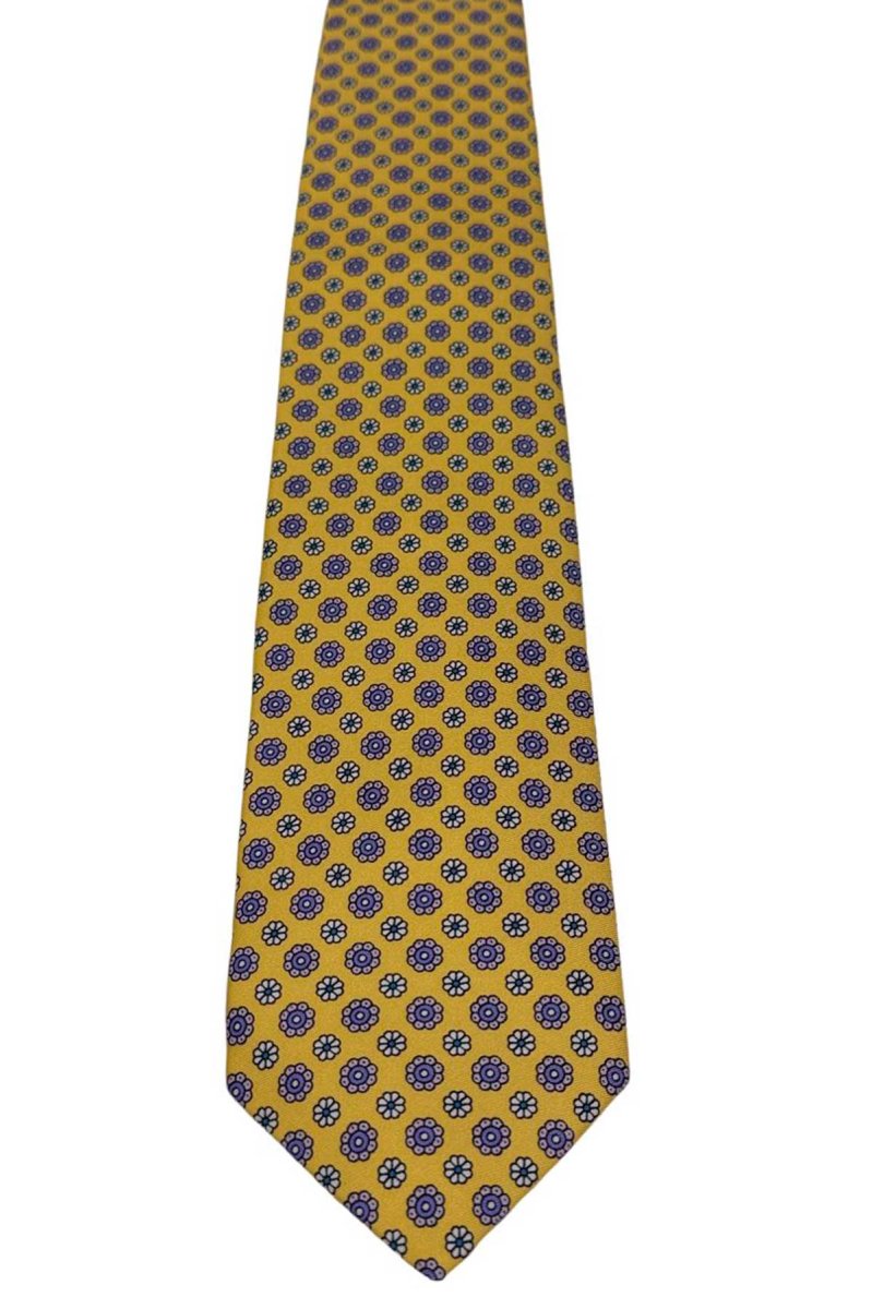 Cravatta uomo gialla fantasia in pura seta cucita a mano costruzione 3 piege larghezza 9cm