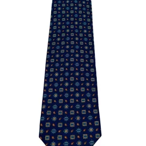 Cravatta uomo Blu fantasia in pura seta cucita a mano costruzione 3 piege larghezza 9cm
