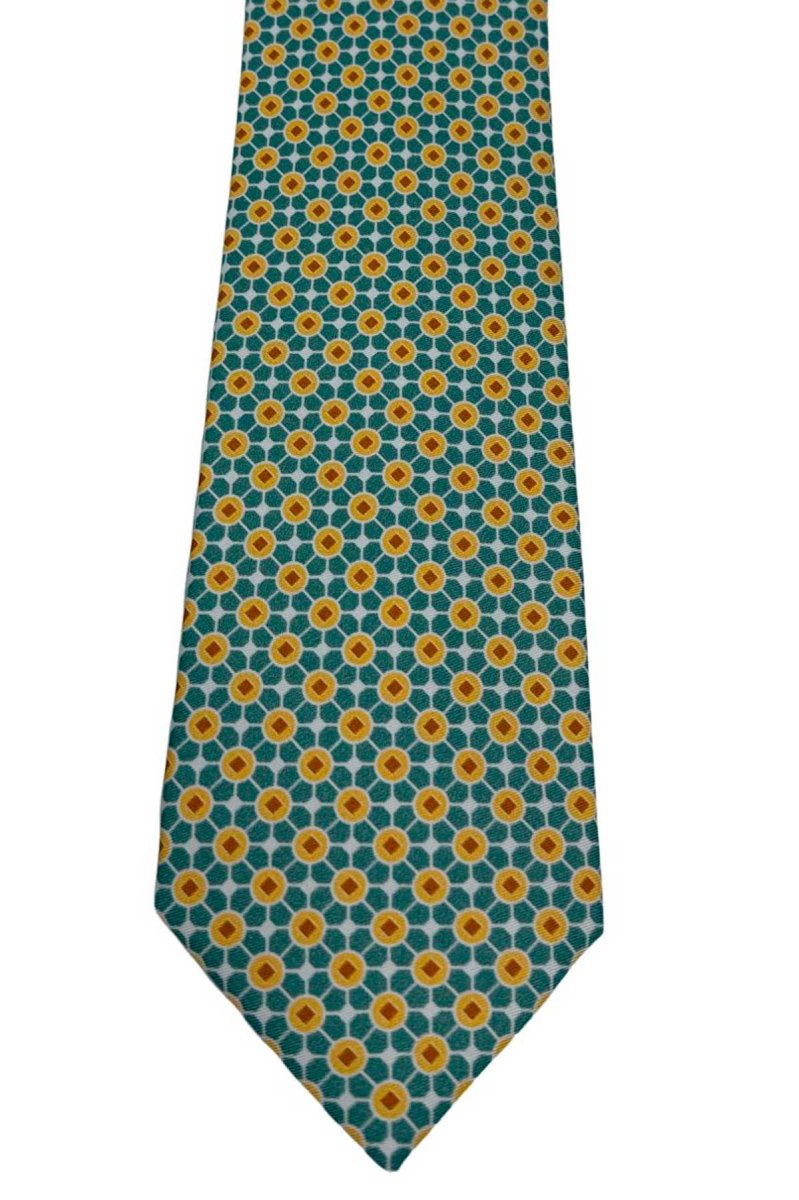 Cravatta uomo Verde fantasia in pura seta cucita a mano costruzione 3 piege larghezza 9cm - immagine 2