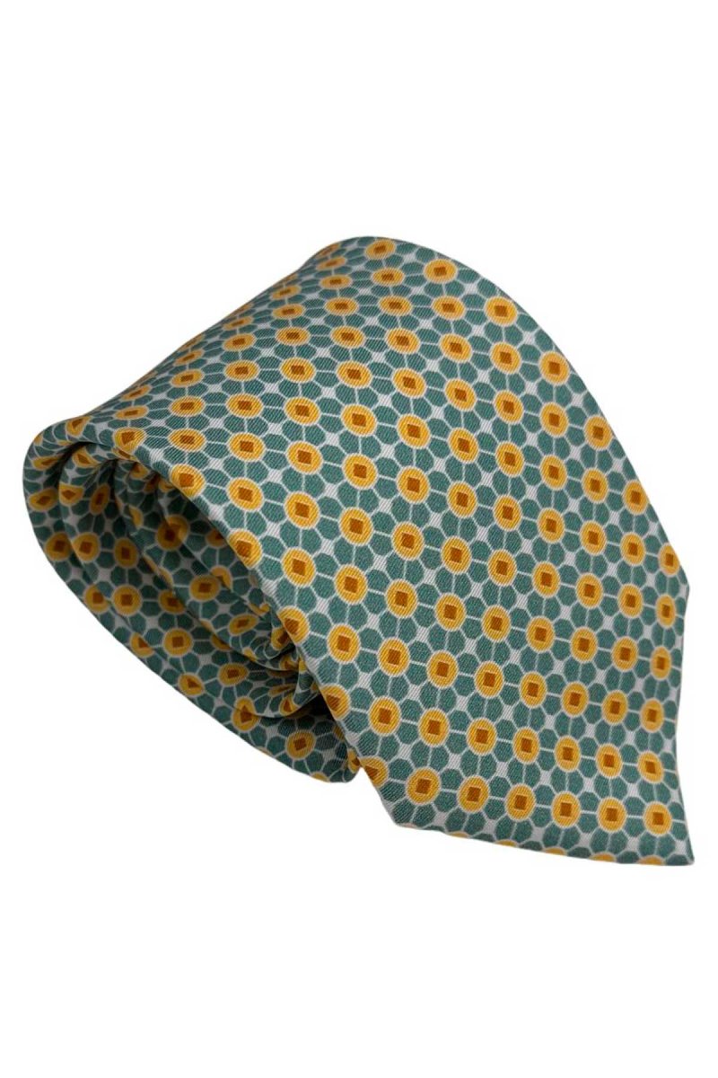 Cravatta uomo Verde fantasia in pura seta cucita a mano costruzione 3 piege larghezza 9cm - immagine 3