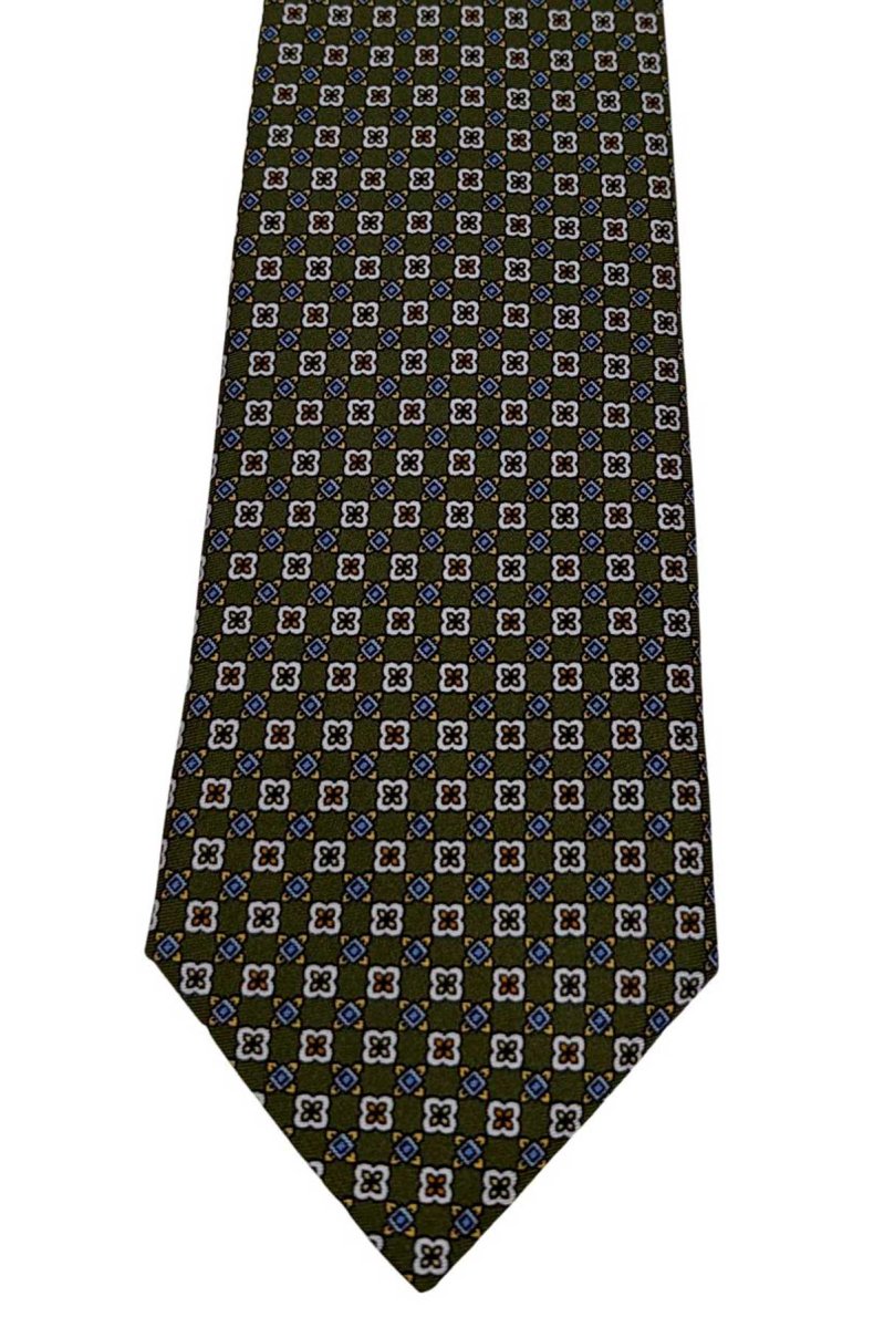 Cravatta uomo Verde fantasia in pura seta cucita a mano costruzione 3 piege larghezza 9cm - immagine 2