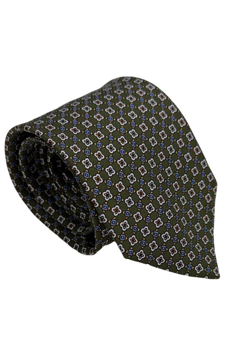 Cravatta uomo Verde fantasia in pura seta cucita a mano costruzione 3 piege larghezza 9cm - immagine 3