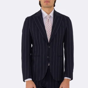 Abito uomo Monopetto blu gessato bianco fresco lana super 110’s Tessuti in esclusiva Sartoria Carillo completamente sfoderato con Rever a lancia e tasche a filetto