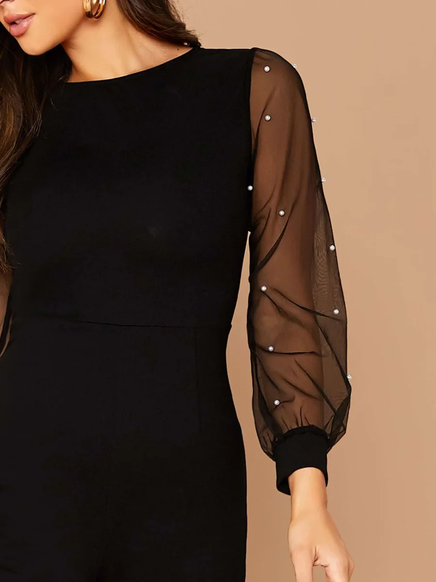 Tuta aderente con manica in maglia con perle senza cinture - immagine 5