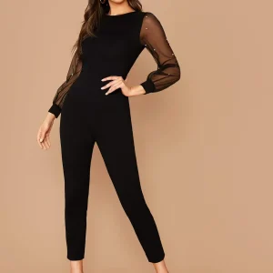 Tuta aderente con manica in maglia con perle senza cinture