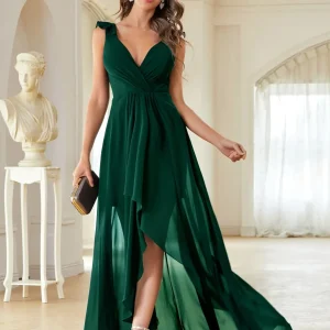 Abito da cerimonia monocolore bustino arricciato orlo asimmetrico chiffon